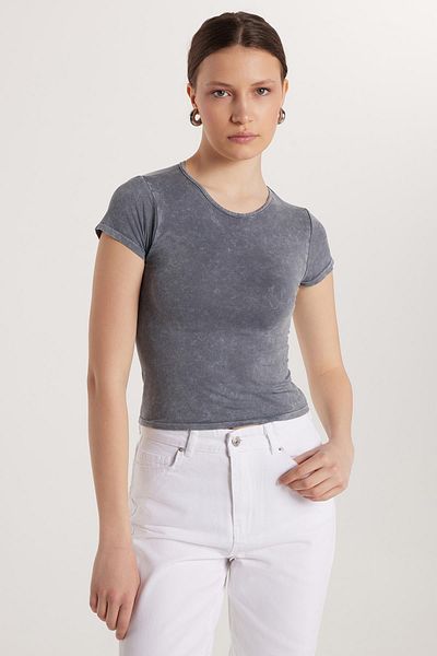 Tudors Women's Slim Fit Slim Fit Plain Basic Crew Neck Gray T-Shirt