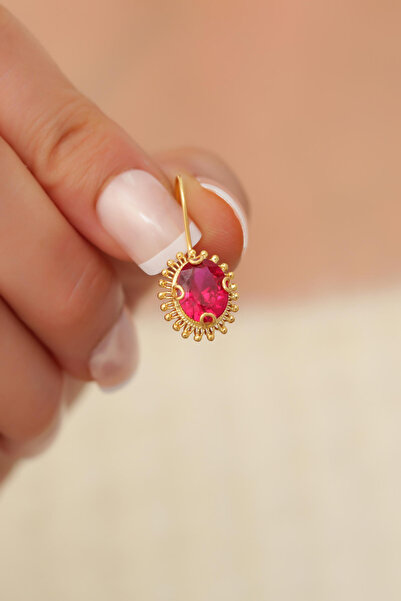 Bayar Gold 14 Ayar Altın Kırmızı Taşlı Güneş Küpe