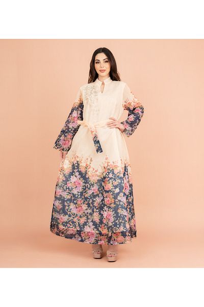 IKKXA Floral Belted Embroidery Jalabiya