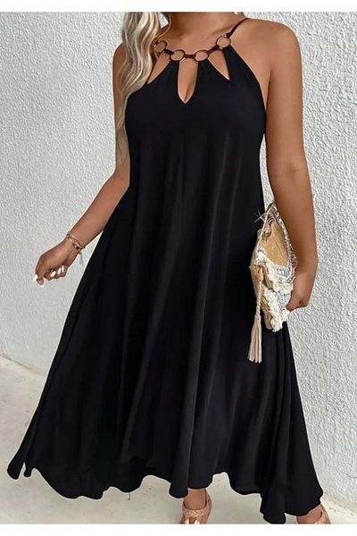 Little Visqon Women's Halter Strap Drop Detailed Ring Asymmetrical Cut Viscose Dress