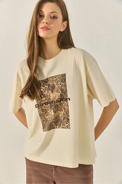 Bianco Lucci Γυναικείο βαμβακερό μπλουζάκι Premium Leopard Printed Oversize ÖT251040 60283293