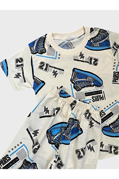 ALİŞ KİDS Σετ καλοκαιρινής πιτζάμες για αγόρια με βαμβακερά παπούτσια σε κρεμ χρώμα με σχέδιο κοντομάνικο σορτς