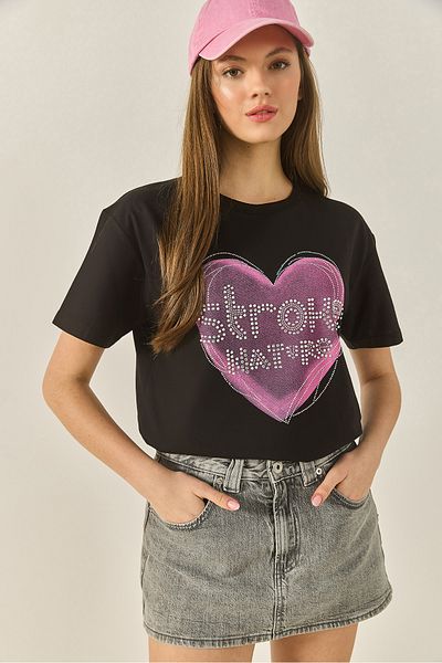 Bianco Lucci Women's Heart Printed Stone Detailed Regular Fit Cotton T-Shirt 8133 60283303