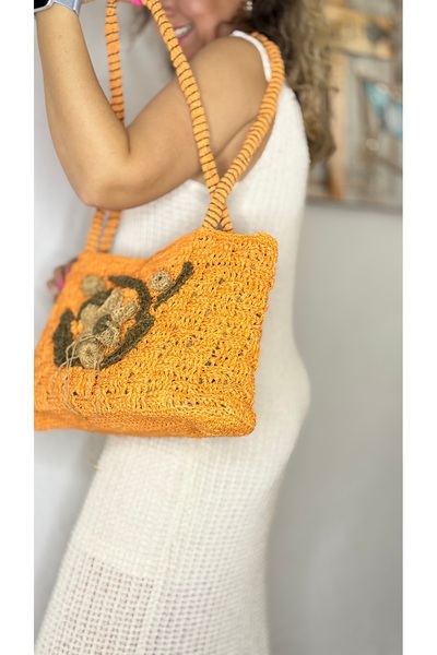 Tuvita Collection Bodrum Tamamen kağıt ip el işçiliği önü çiçek süslemeli içi astarlı kadın turuncu kol omuz çantası