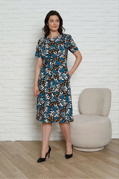 STELLETO Rochie de vară din bumbac cu mâneci scurte, cu model floral, cu talie și buzunare