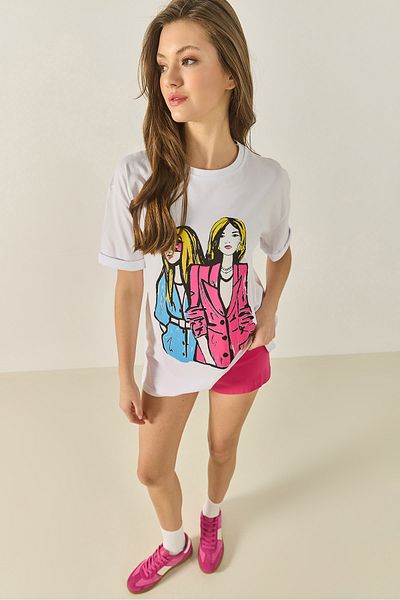 Bianco Lucci Women's Crew Neck Printed Short Sleeve Women's T-Shirt 5242 60284049
