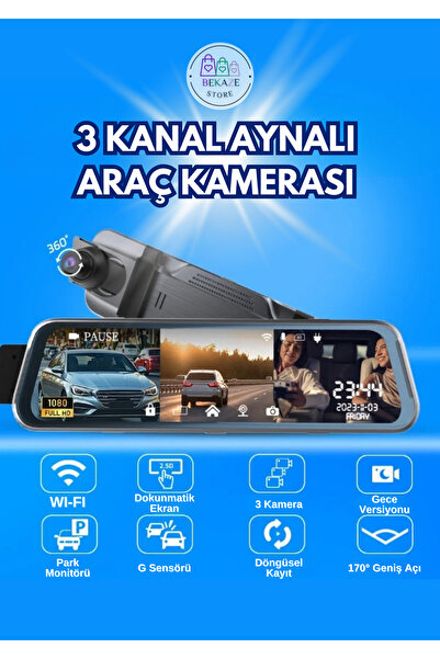 BEKAZE UNİVERSAL 10" UYUMLU 3 KAMERALI DİKİZ AYNASI ARAÇ KAMERASI – TAM EKRAN...