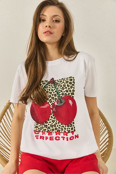 Bianco Lucci Γυναικείο μπλουζάκι Cherry Leopard με στάμπα με πέτρα με λεπτομέρεια κανονική εφαρμογή 4140 60283299