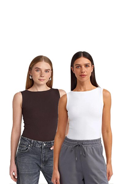 Qimono طاقم الرقبة 2 قطعة الكرة الأبيض البني 00767