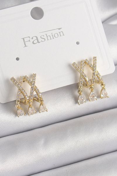 Skygo Brass Gold Color Zircon Stone X Model Dangle Detail Women's Earrings - Tj-Bkp9872