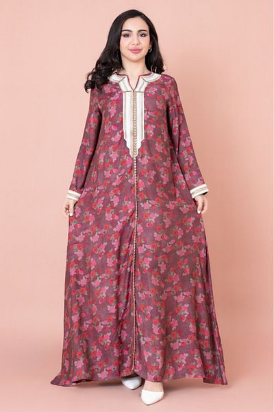 IKKXA Embroidered Floral Print Jalabiya