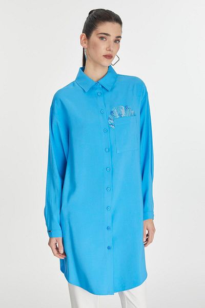 Zühre Shirt Collar Buttoned Pocket Detailed Turquoise Tunic T-1576