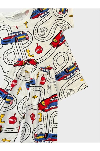 ALİŞ KİDS Băieți din bumbac alb Car Road Patterned cu mânecă scurtă Shorts Summer Pajamas Set