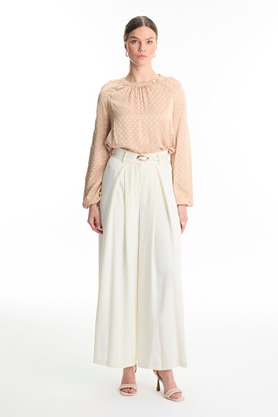 Zühre Belt Detailed Wide Leg Ecru Trousers P-0222