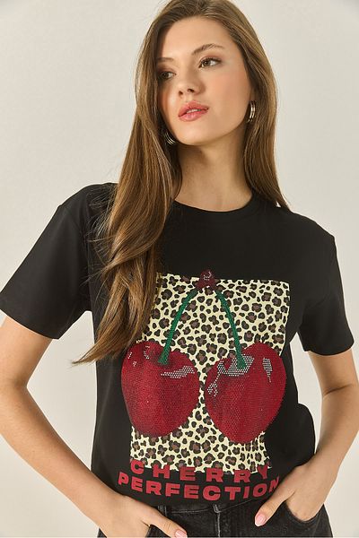 Bianco Lucci Women's Cherry Leopard Printed Stone Detailed Regular Fit T-Shirt 4140 60283299