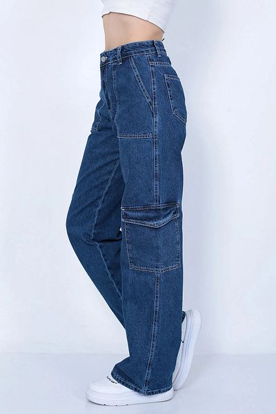 Asortix Girls' Cargo Pocket Detailed High Waist Wide Leg Jeans