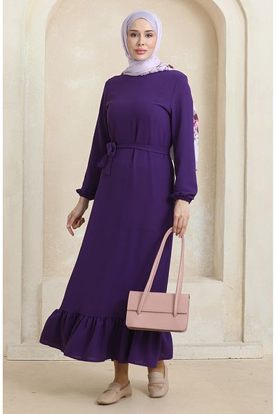 sefamerve Purple Elastic Sleeve Belted Dress - 1015-04