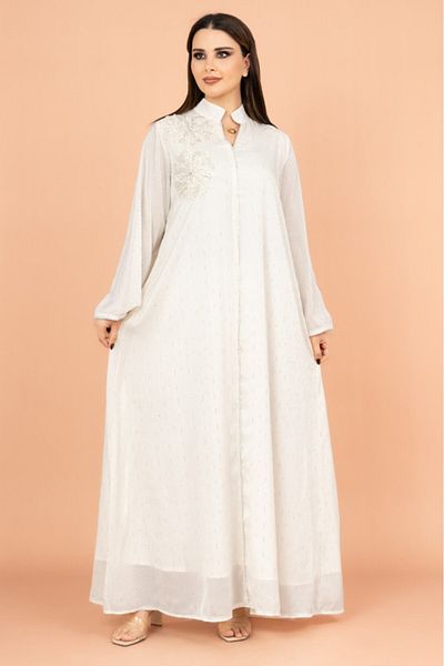 IKKXA Floral Fantasy Crystal Jalabiya with Elegant Stripes