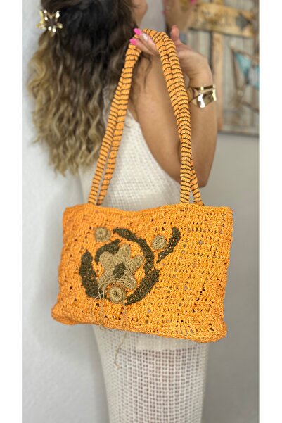 Tuvita Collection Bodrum Tamamen kağıt ip el işçiliği önü çiçek süslemeli içi astarlı kadın turuncu kol omuz çantası