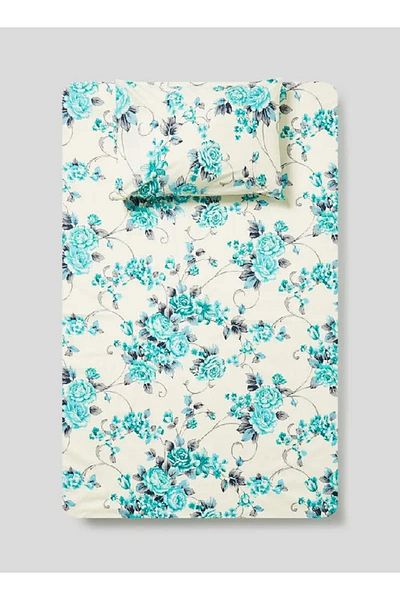 RISHAHOME 2-Piece Single 180 TC Cotton Bedsheet Set – Floral Print, 1 Bedsheet + 1 Pillowcase, White/Blue/Grey