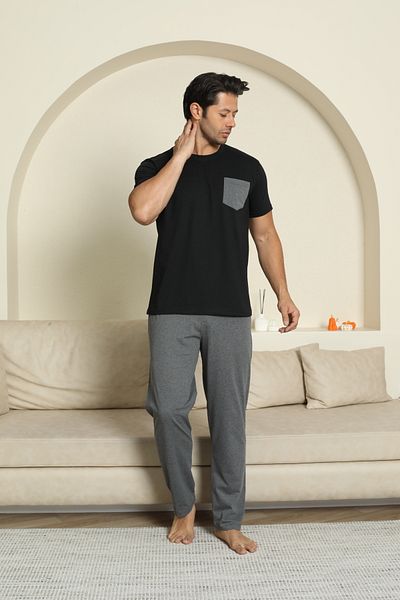LİLA İÇ GİYİM Men's Cotton Pocket Black Pajama Set