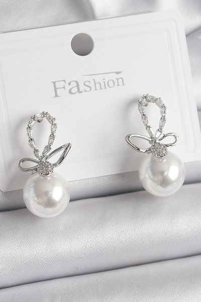 Skygo Brass Gold Color Zircon Stone Detailed Bow Pearl Model Women's Earrings - Tj-Bkp9845