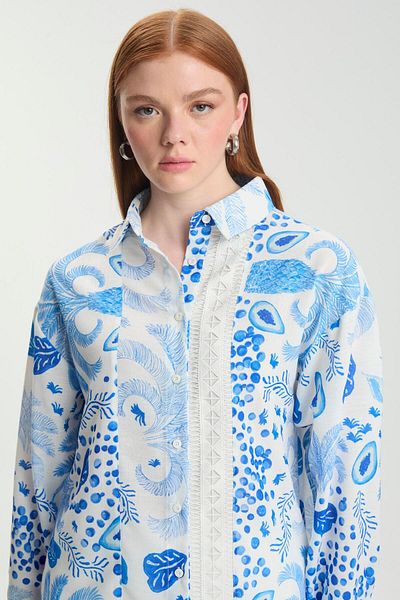 Zühre Patterned Stripe Detailed Blue Tunic T-1570