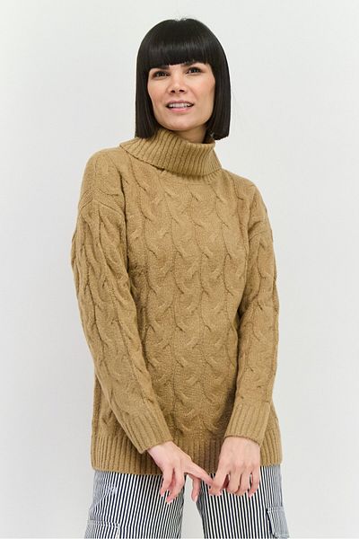 French Connection سترة نسائية محبوكة برقبة عالية، لون بني