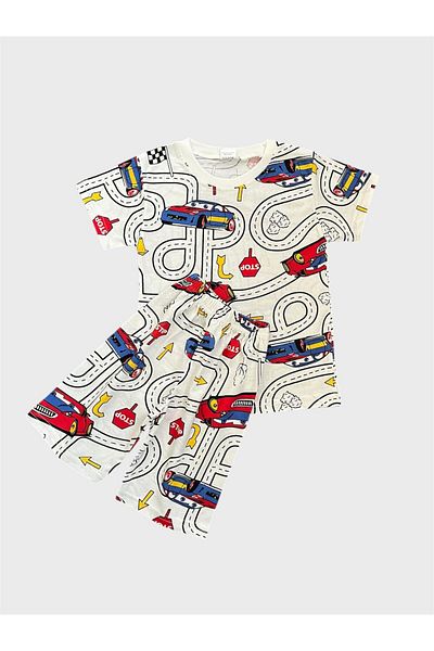 ALİŞ KİDS Băieți din bumbac alb Car Road Patterned cu mânecă scurtă Shorts Summer Pajamas Set