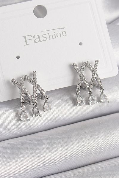Skygo Brass Silver Color Zircon Stone X Model Dangle Detail Women's Earrings - Tj-Bkp9873