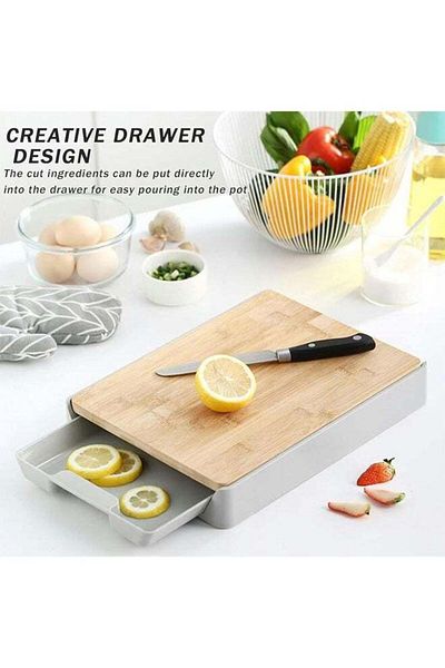 COOYA Multifunctional wooden cutting board hangable,with drawer,durable and non-slip,easy to clean,gray