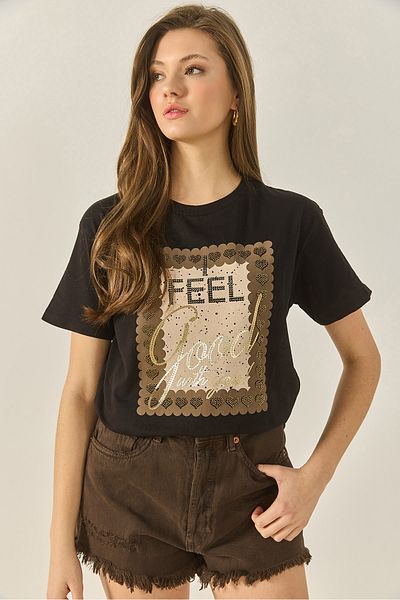 Bianco Lucci Women's Foil Printed Stone Detailed Short Sleeve Crew Neck Cotton T-Shirt 60283309
