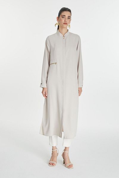 Zühre Judge Collar Zipper Detailed Long Beige Tunic T-1579