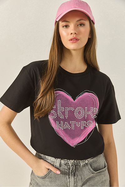 Bianco Lucci Women's Heart Printed Stone Detailed Regular Fit Cotton T-Shirt 8133 60283303