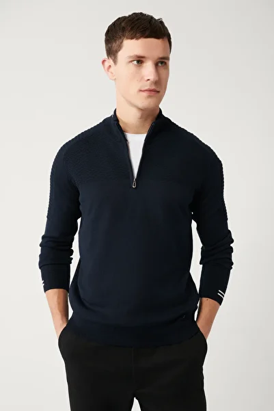 Avva Men's Navy Blue Stand Collar Textured Zippered Sweater A32Y5083