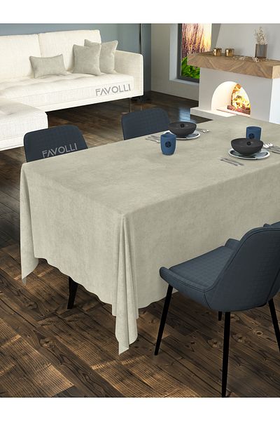 FAVOLLİ Velvet Textured Ecru Color Tablecloth