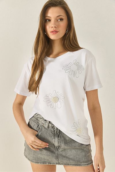 Bianco Lucci Femeii Floral Motif Stone Bead brodate Normal Mould bumbac T-Shirt 8128 60283300
