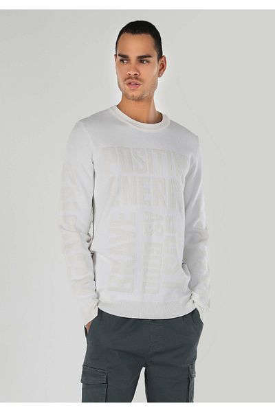 Colin's Pulover alb pentru bărbați, cu gât rotund, jacquard