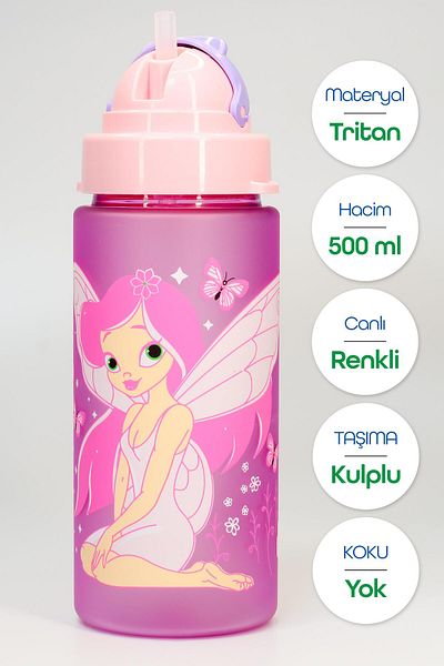 Telvesse Children Water Flask Tritan Water Bottle with Straw Neck Strap Angel School Water Bottle Bpa-Free 500ml Purple T0106