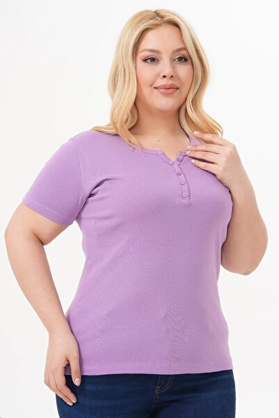 LİFERA Cotton Lycra Button Detail Basic T-Shirt, Large Size T-Shirt