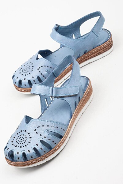 Adım Adım Dámské ortopedické modré sandály z pravé kůže s uzavřenou přední částí