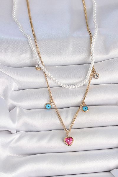 BESKAR 316L Steel Gold Color 2-Piece Pearl Chain Model Pink Stone Heart Figure Evil Eye Bead Detail Women's Bracelet