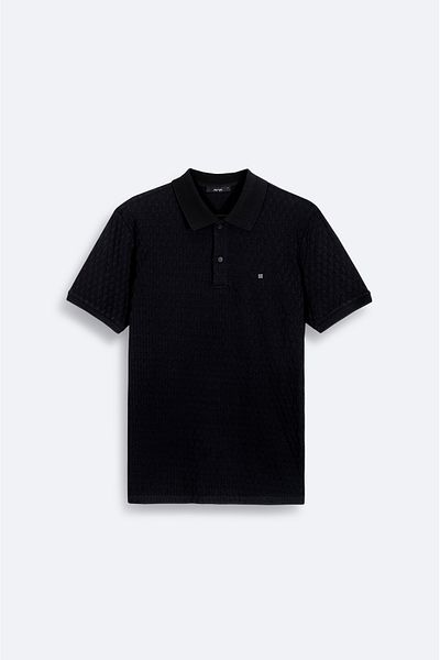 Avva Men's Black 100% Cotton Jacquard Polo Neck T-Shirt A41Y1196