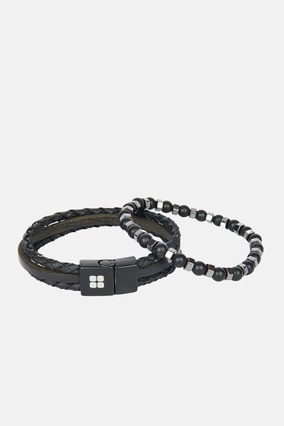 Avva Men's Black 2-Piece 100% Leather and Natural Stone Bracelet A32y9629