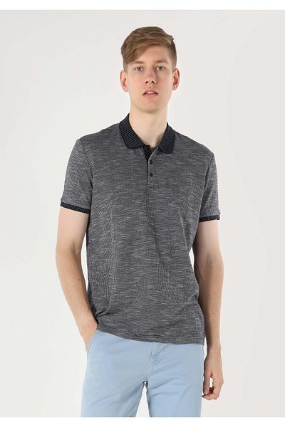 Colin's Regular Fit Polo Neck Jacquard Men's Navy Blue Short Sleeve T-Shirt