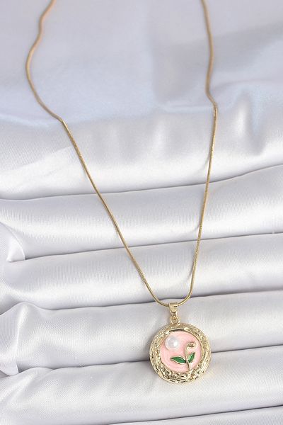 BESKAR 316L Steel Gold Color Chain Pink Flower Embroidered Pearl Detail Portrait Model Women's Necklace