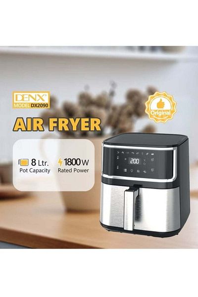 Denx مقلاة هوائية صحية بدون زيت - ٨ لترات، ١٨٠٠ واط | متعددة الاستخدامات للقلي والشواء والخبز والتحميص