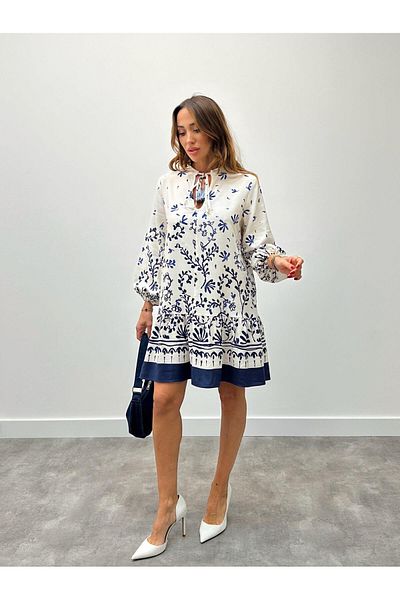 Maldia Shop Γυναικείο φόρεμα με φούντα με κορδόνια λευκό μποέμ