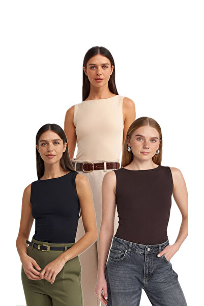 Qimono رقبة قارب 3 قطع بدون أكمام - كريمي بني أسود