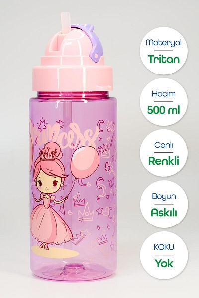 Telvesse Children Water Flask Tritan Water Bottle with Straw Neck Strap Princess School Water Bottle Bpa-Free 500ml Purple T0107